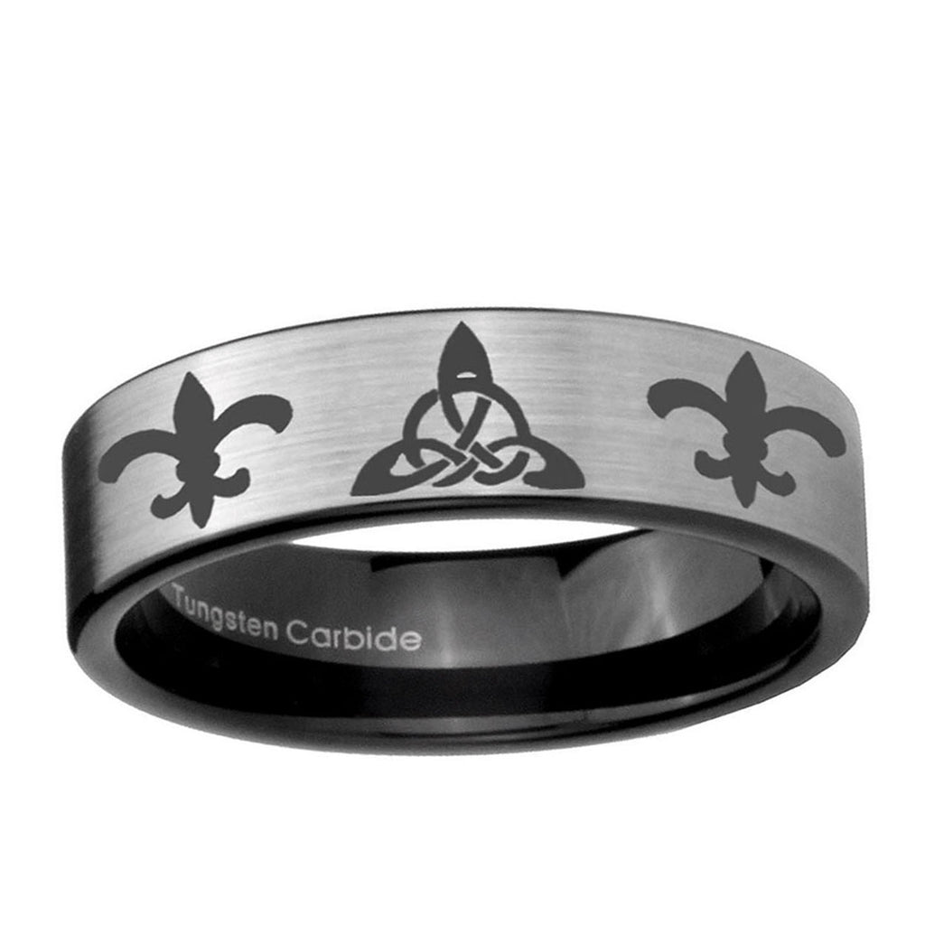6mm Celtic Triangle Fleur-De-Lis Pipe Cut Silver Tungsten Ring