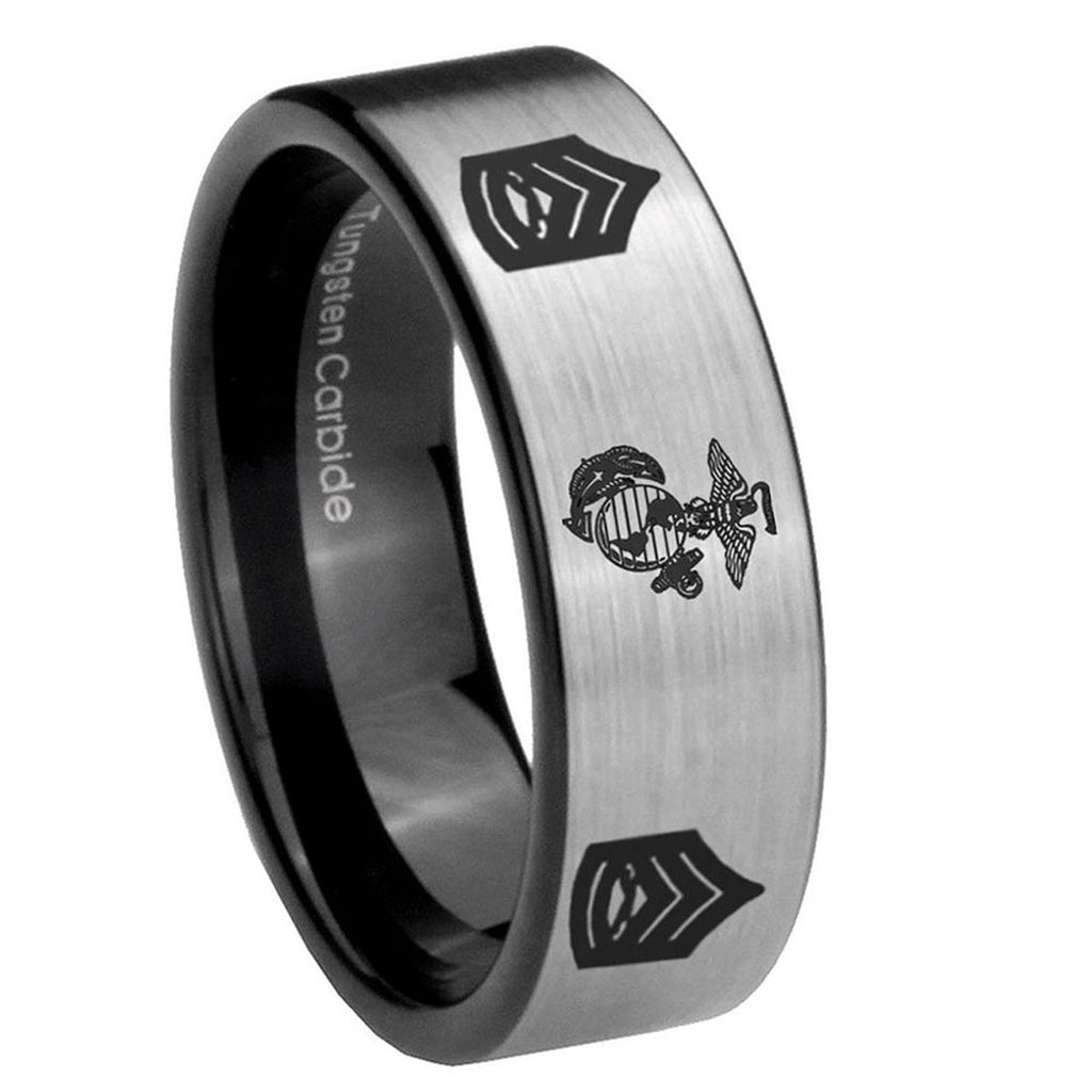 8mm Marine Army Sergeant Pipe Cut Silver Tungsten Ring