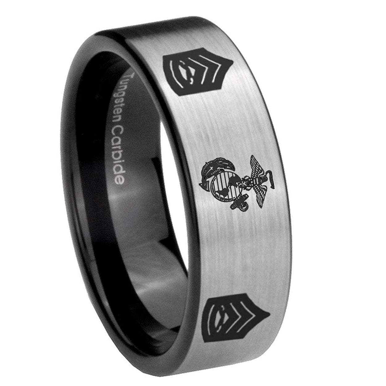8mm Marine Army Sergeant Pipe Cut Silver Tungsten Ring
