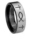 8mm Fish & Cross Pipe Cut Brushed Silver Tungsten Ring