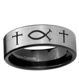 6, 8mm Fish & Cross Pipe Cut Brushed Silver Tungsten Ring