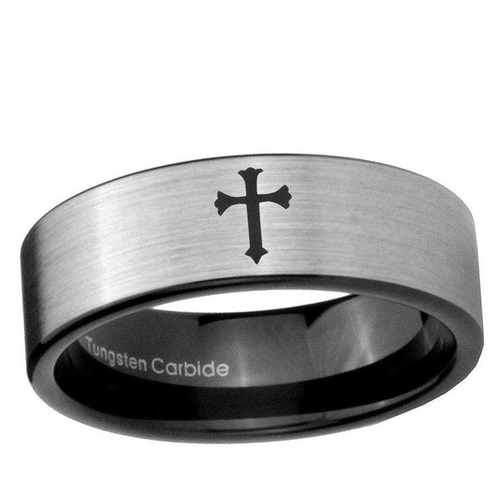 6mm Flat Christian Cross Pipe Cut Silver Tungsten Ring Mens