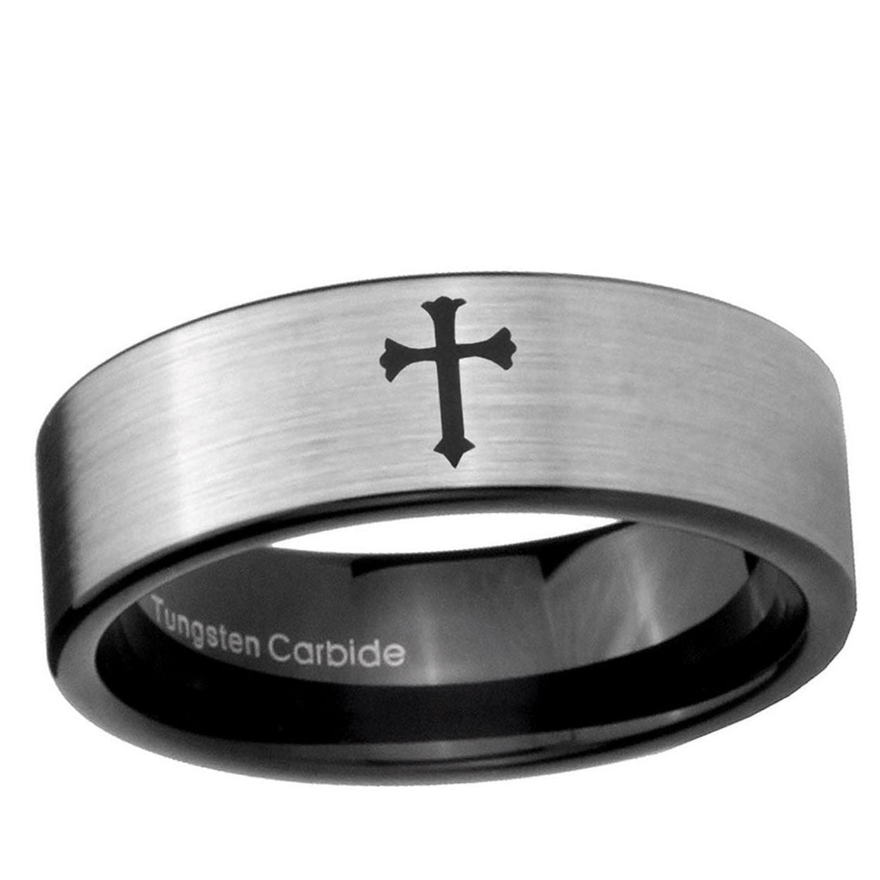 6mm Flat Christian Cross Pipe Cut Silver Tungsten Ring Mens