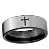 6, 8mm Flat Christian Cross Pipe Cut Brushed Silver Tungsten Wedding Band Mens