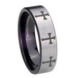 8mm-Multiple-Christian-Cross-Pipe-Cut-Brushed-Silver-Tungsten-Men's-Wedding-Band