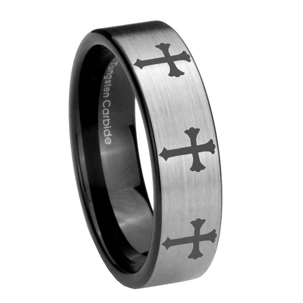 8mm Multiple Christian Cross Pipe Cut Silver Tungsten Band
