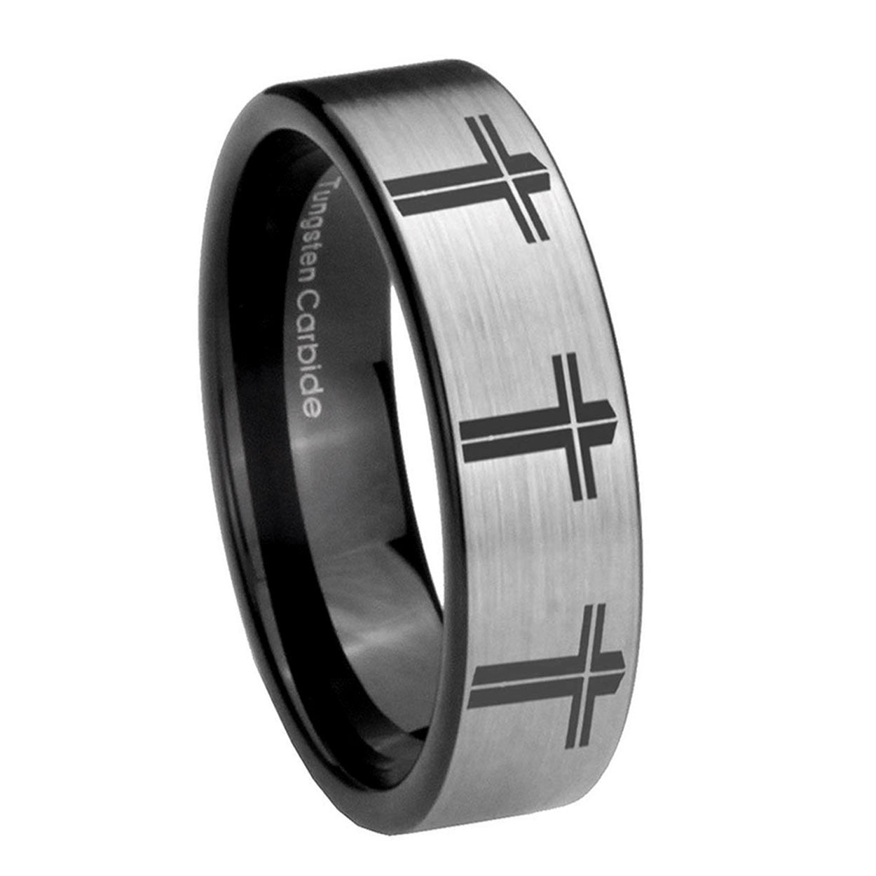 8mm Multiple Christian Cross Pipe Cut Silver Tungsten Band