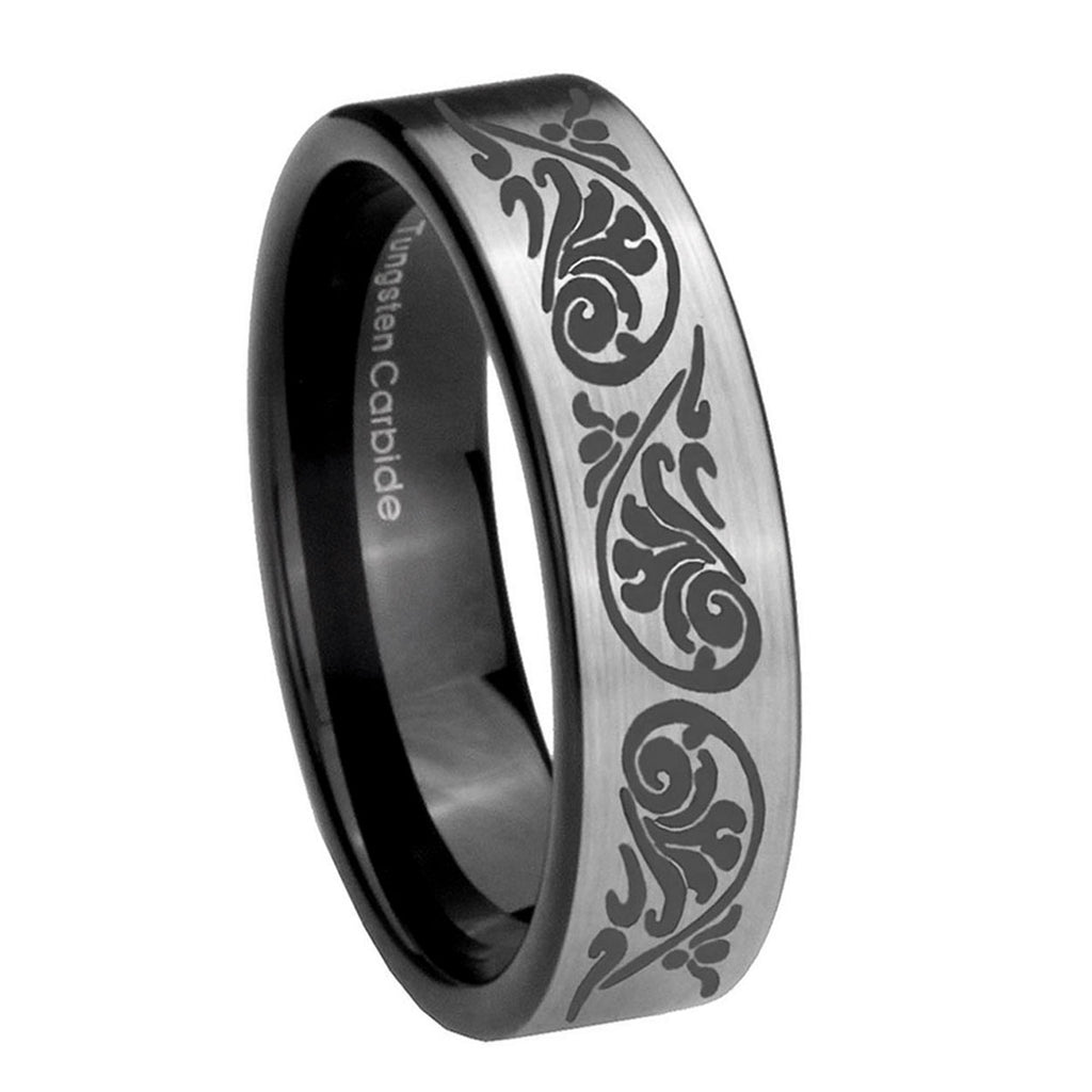 8mm Etched Tribal Pattern Pipe Cut Silver Tungsten Ring