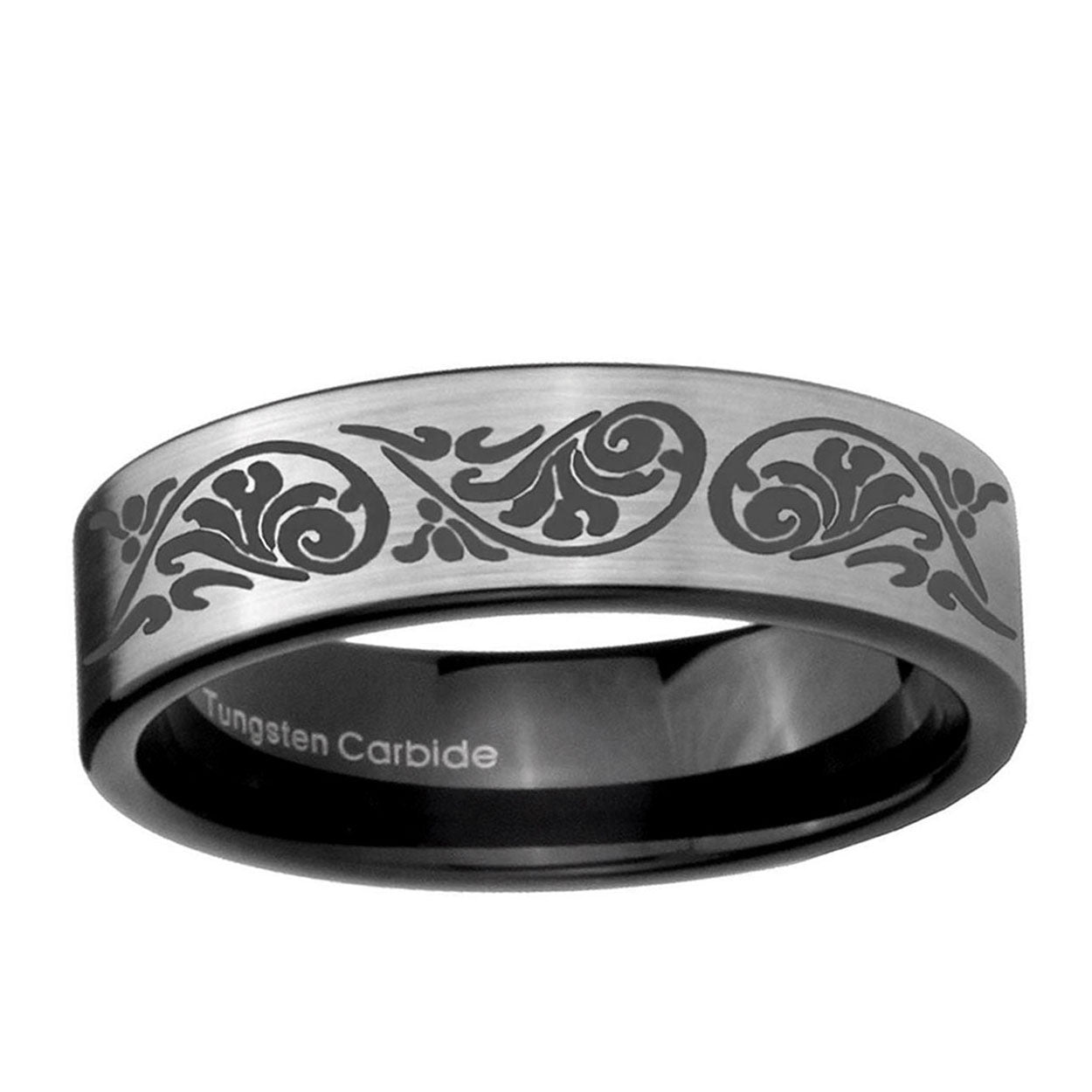 6mm Etched Tribal Pattern Pipe Cut Silver Tungsten Ring