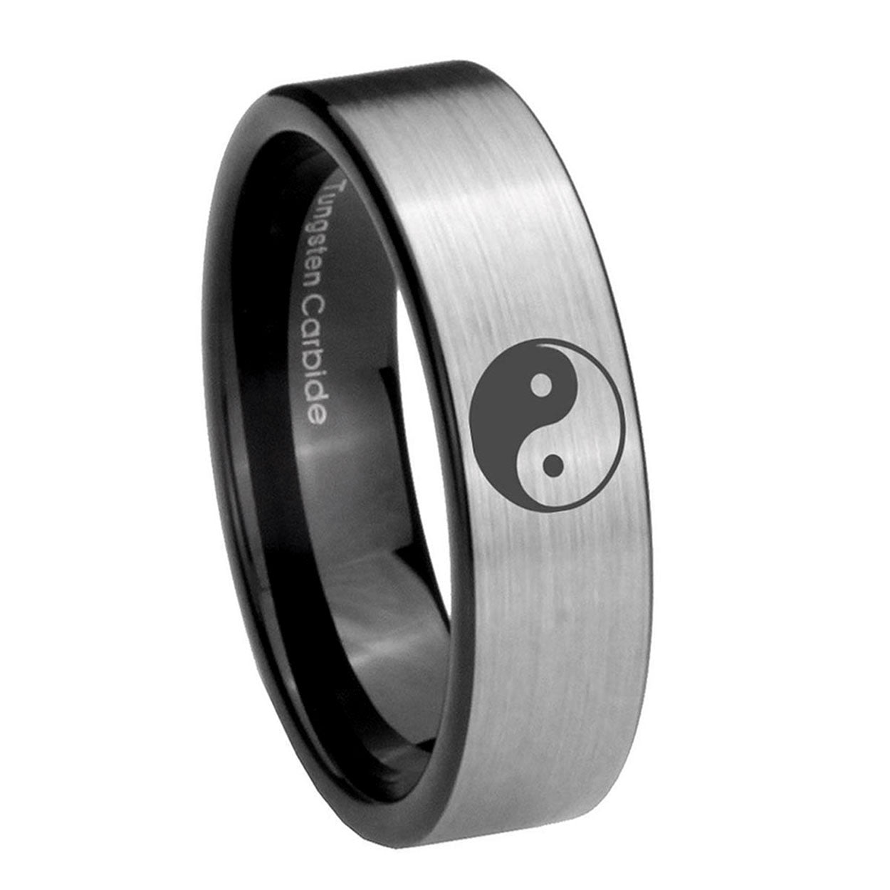 8mm Yin Yang Pipe Cut Brushed Silver Tungsten Ring