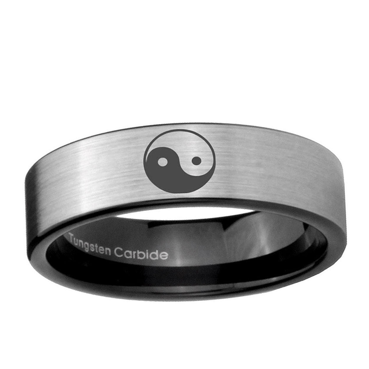 6mm Yin Yang Pipe Cut Brushed Silver Tungsten Ring