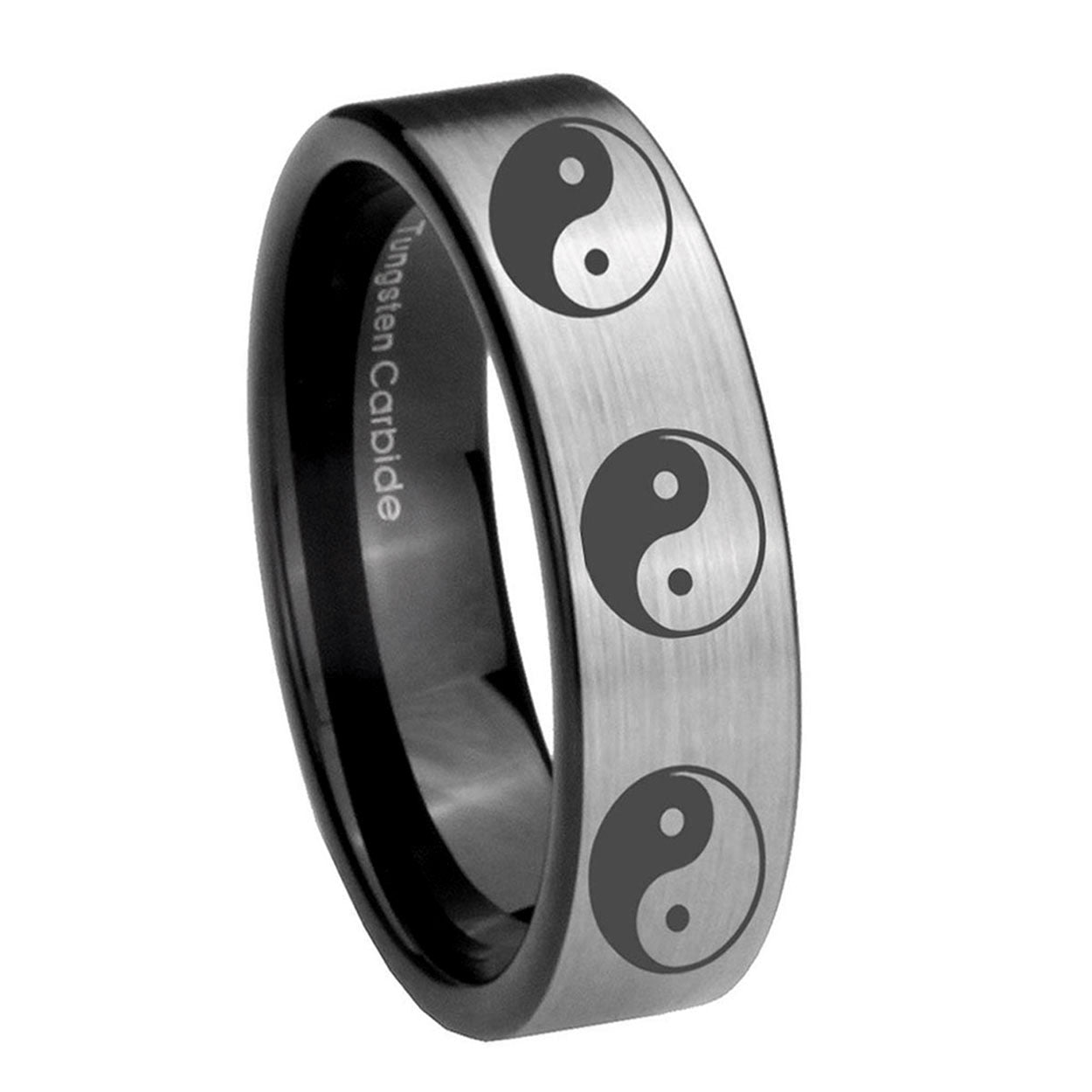 8mm Multiple Yin Yang Pipe Cut Brushed Silver Tungsten Ring
