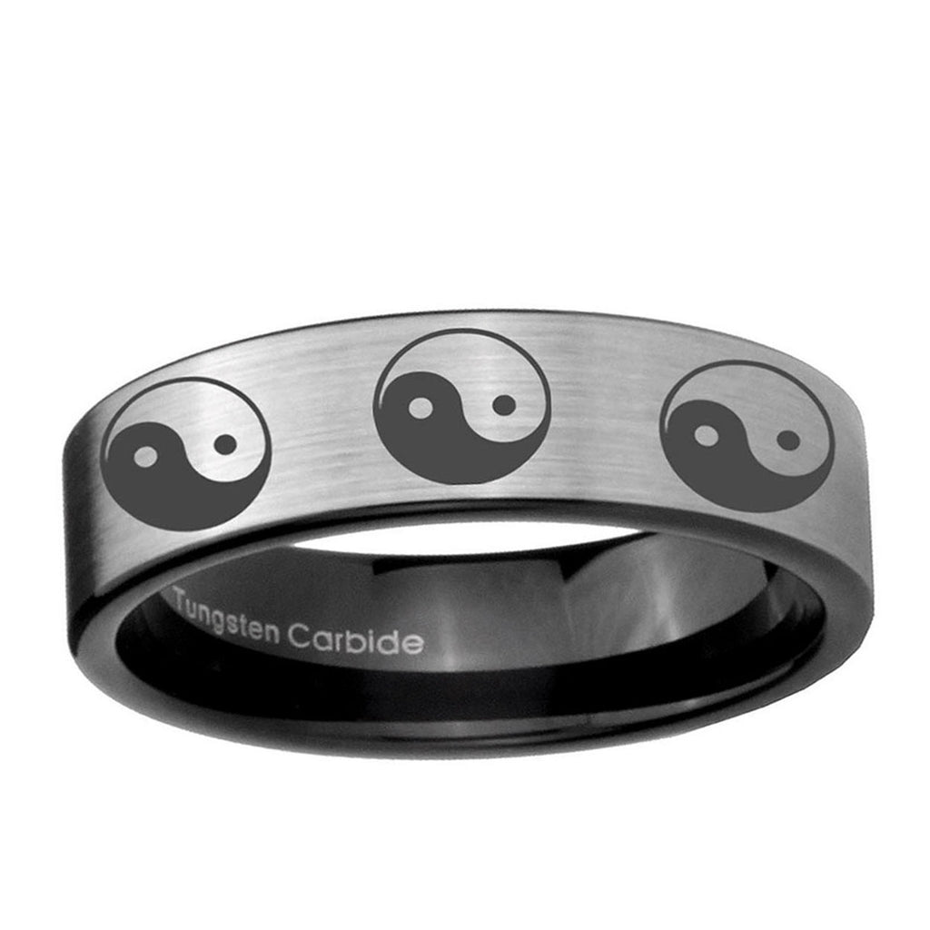 6mm Multiple Yin Yang Pipe Cut Brushed Silver Tungsten Ring