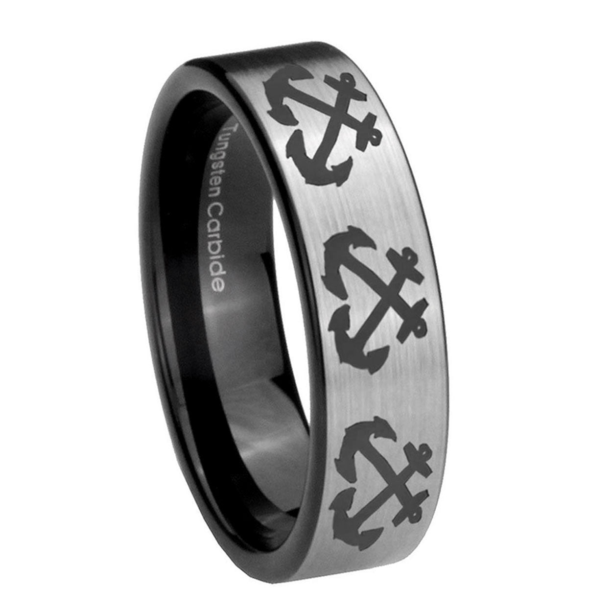 8mm Multiple Anchor Pipe Cut Brushed Silver Tungsten Ring