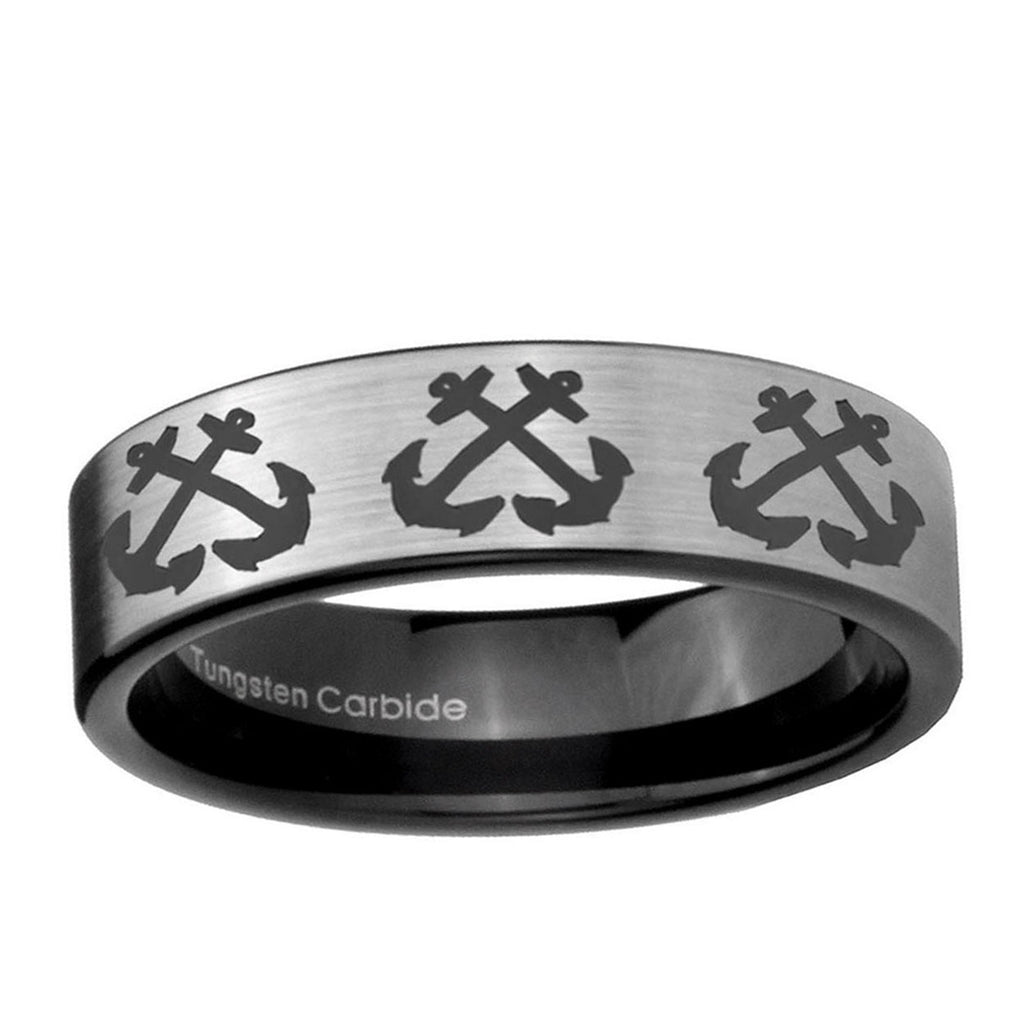 6mm Multiple Anchor Pipe Cut Brushed Silver Tungsten Ring