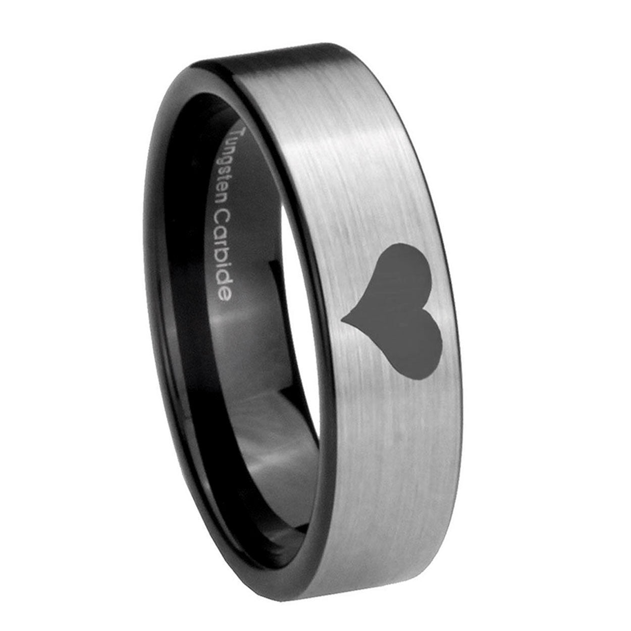 8mm Heart Pipe Cut Brushed Silver Tungsten Engraved Ring