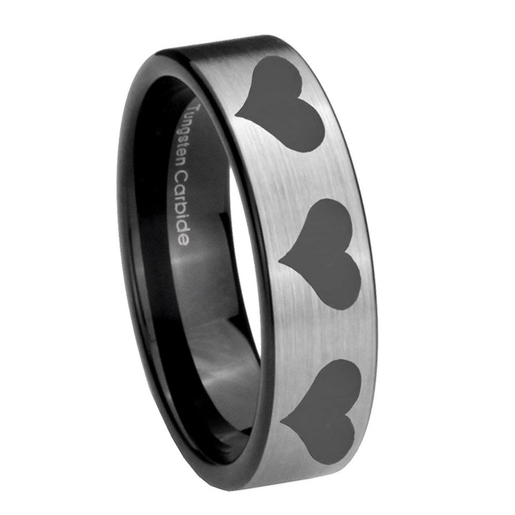 8mm Multiple Heart Pipe Cut Brushed Silver Tungsten Ring