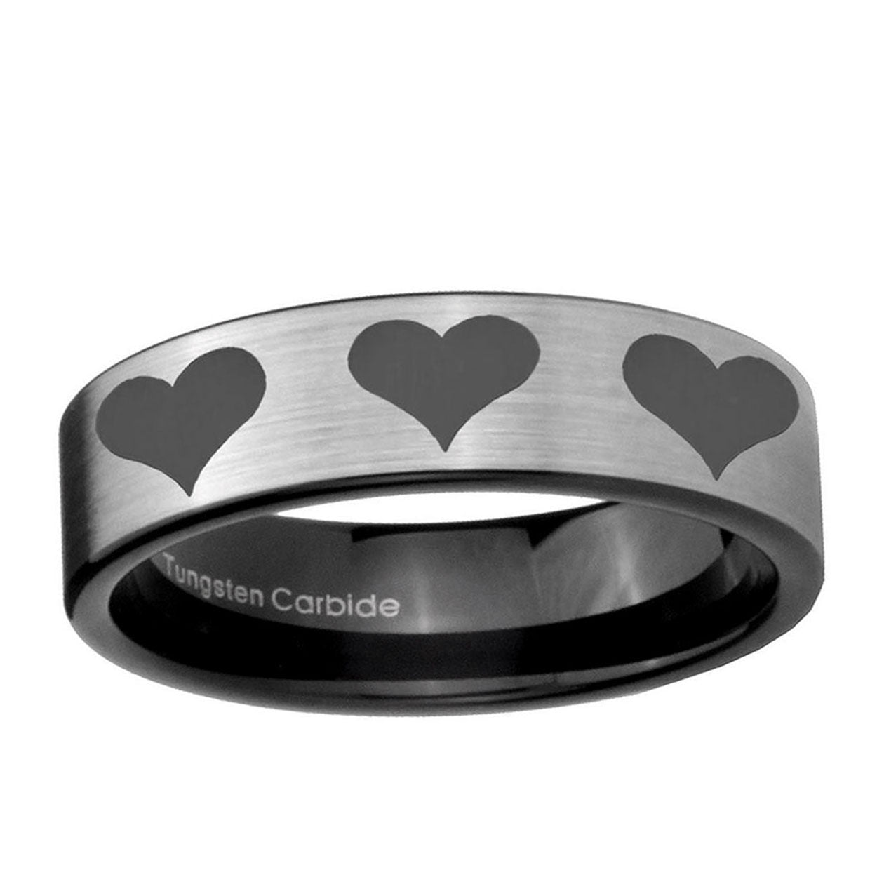 6mm Multiple Heart Pipe Cut Brushed Silver Tungsten Ring