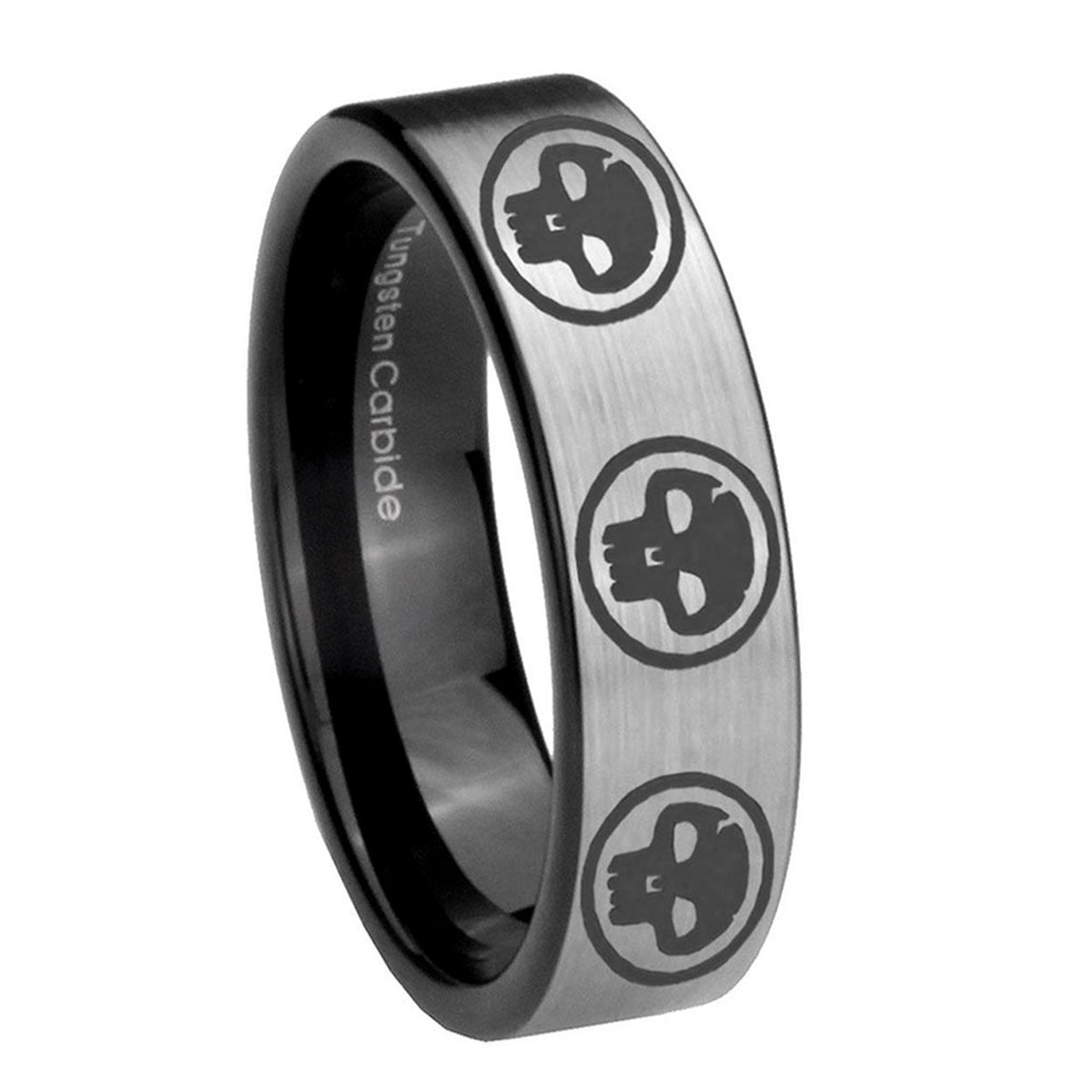 8mm Multiple Skull Pipe Cut Brushed Silver Tungsten Band