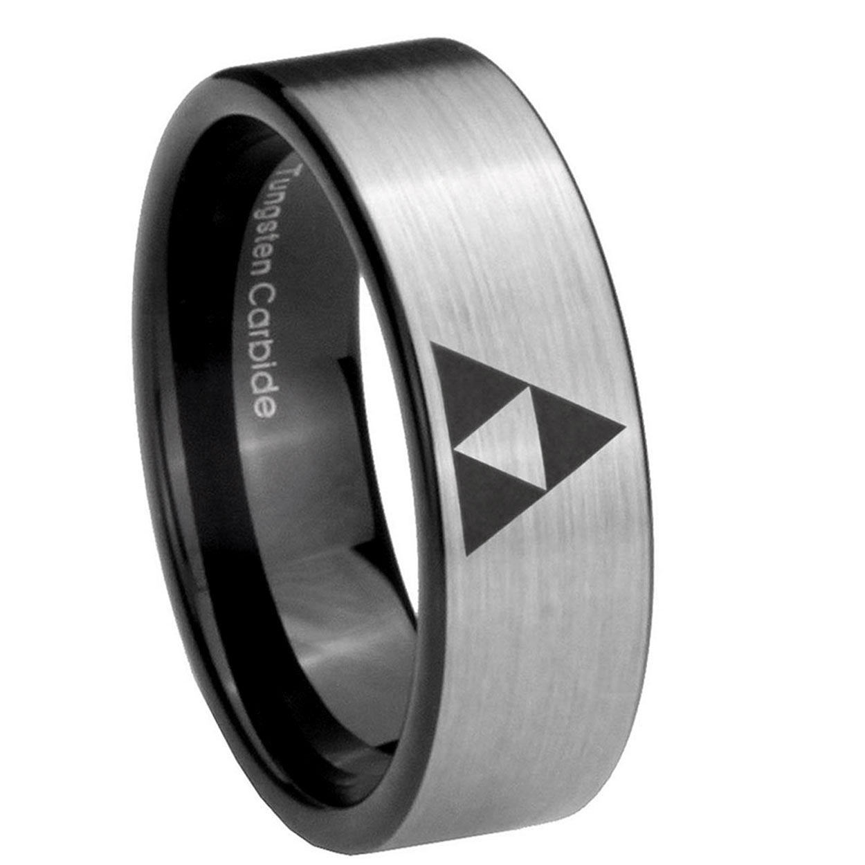 8mm Zelda Triforce Pipe Cut Brushed Silver Tungsten Ring