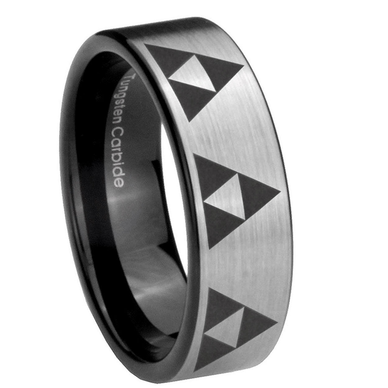 8mm Multiple Zelda Triforce Pipe Cut Silver Tungsten Band