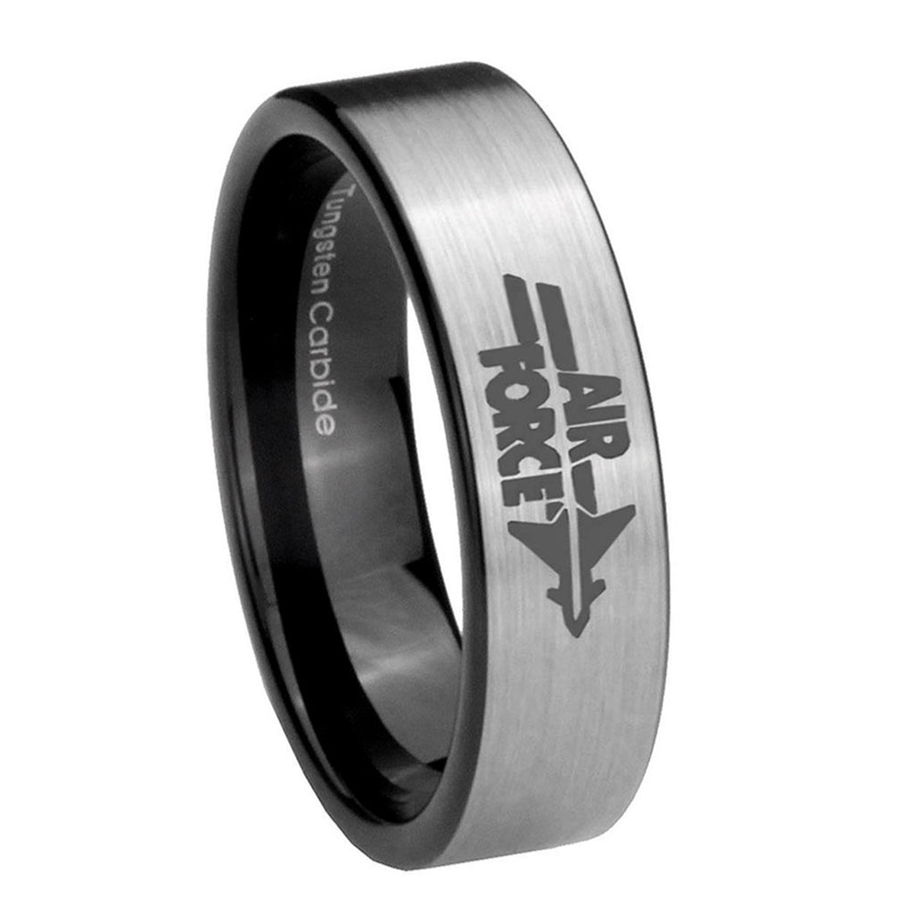 8mm Silver Black Air Force Pipe Cut Tungsten Engraved Ring