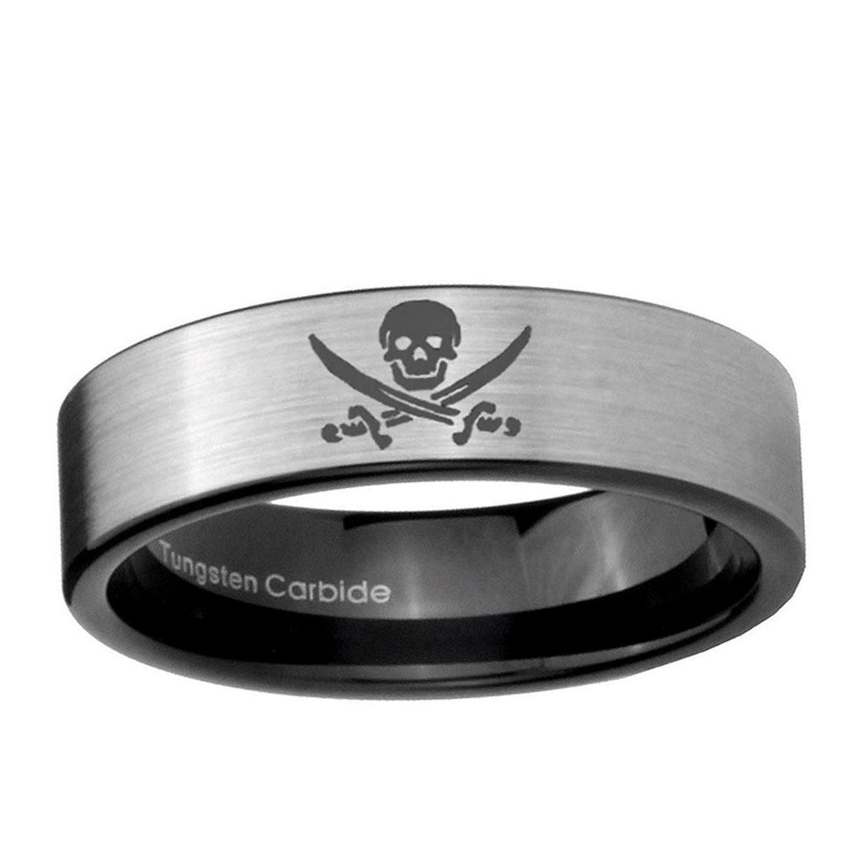 6mm Skull Pirate Pipe Cut Brushed Silver Tungsten Ring