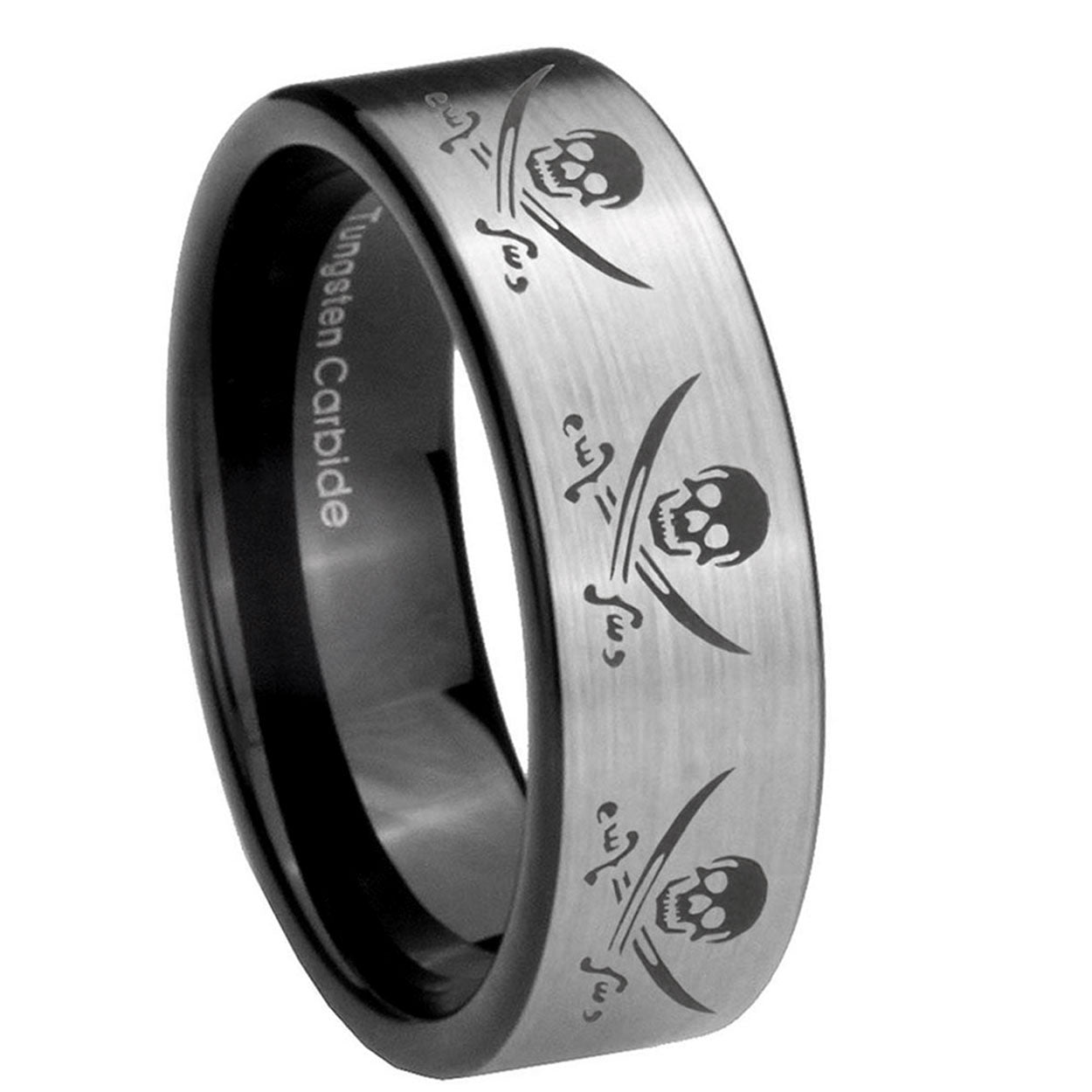 8mm Multiple Skull Pirate Pipe Cut Silver Tungsten Ring