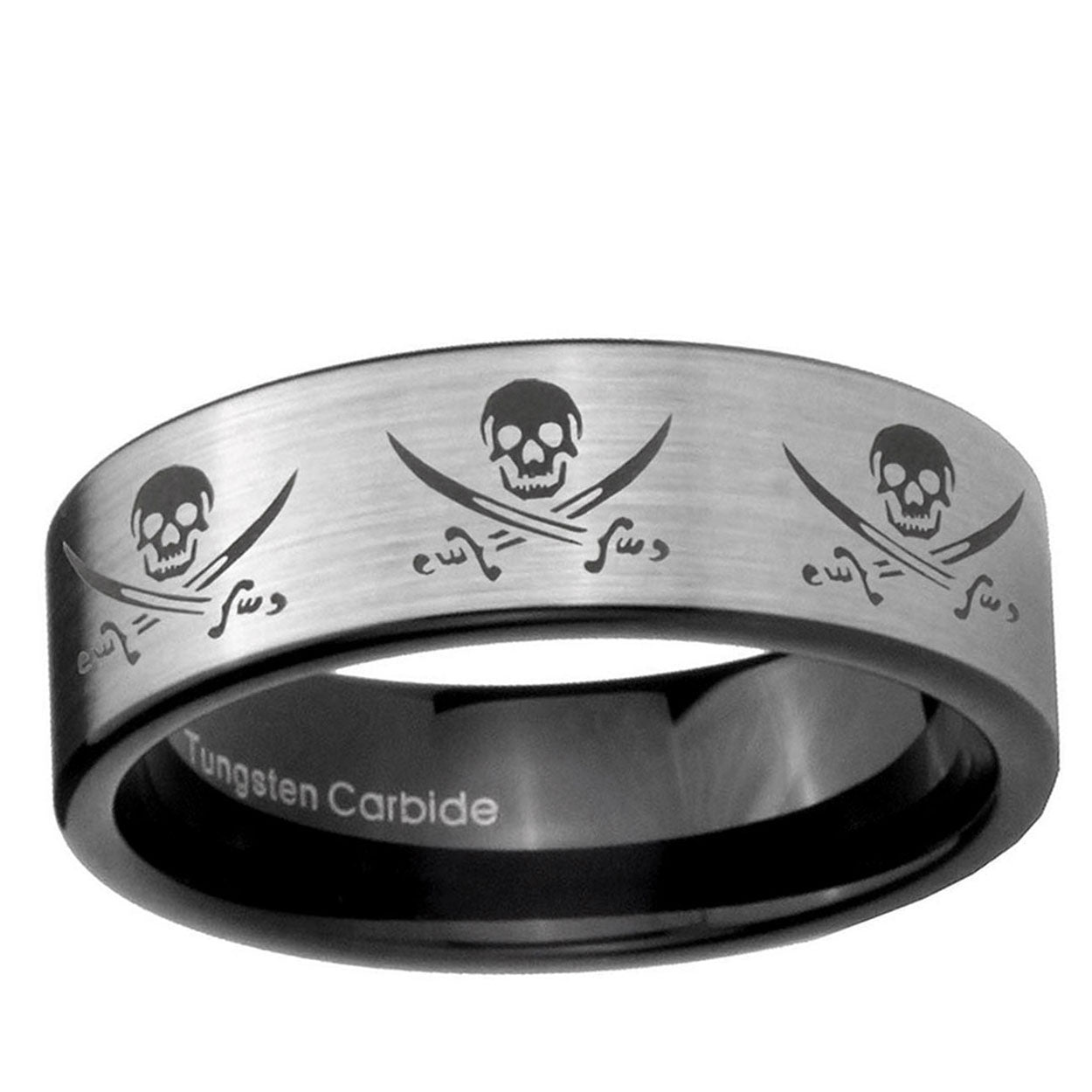 6mm Multiple Skull Pirate Pipe Cut Silver Tungsten Ring