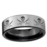 6, 8mm Multiple Skull Pirate Pipe Cut Brushed Silver Tungsten Mens Wedding Ring