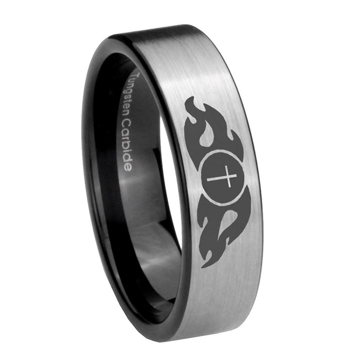 8mm Flamed Cross Pipe Cut Brushed Silver Tungsten Mens Ring
