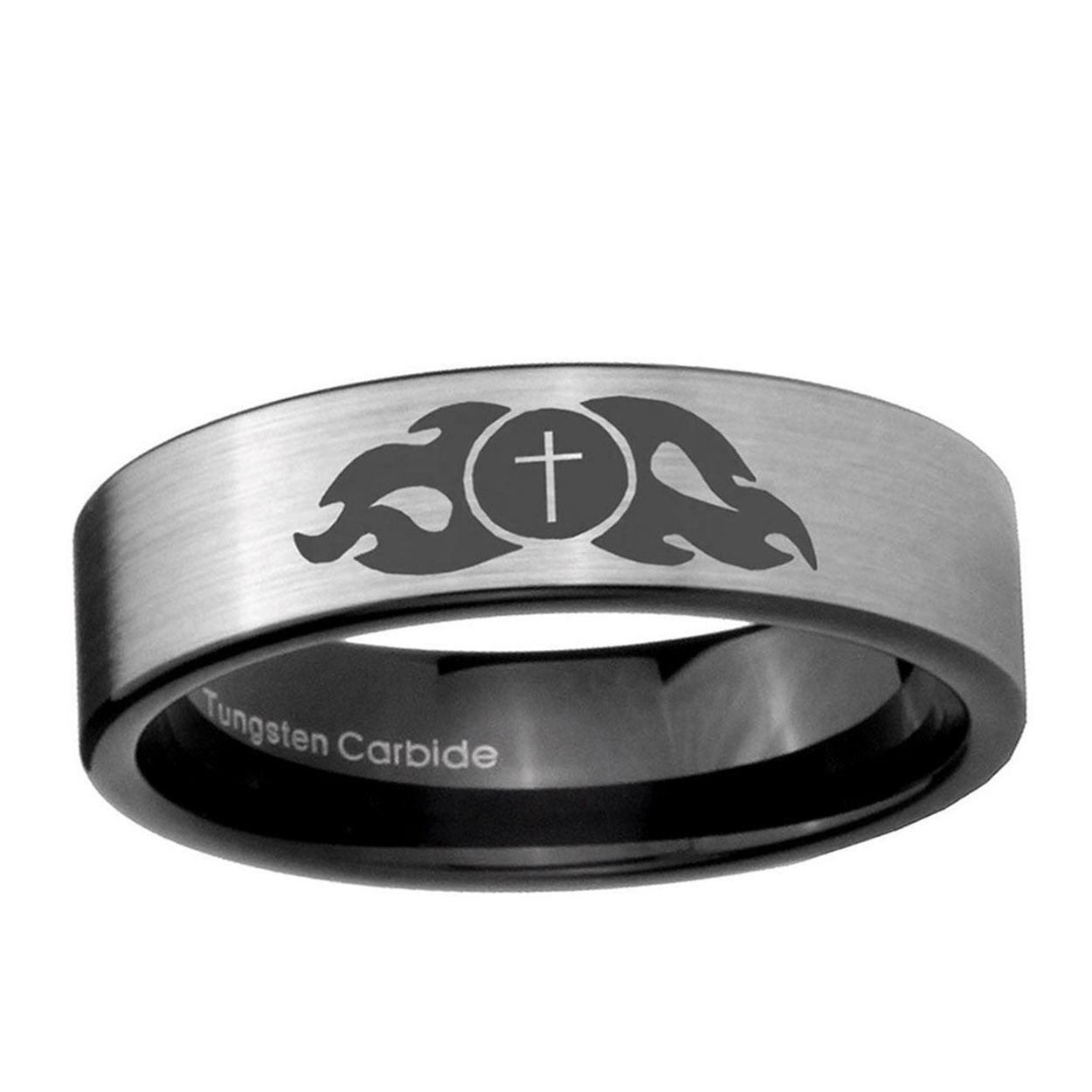 6mm Flamed Cross Pipe Cut Brushed Silver Tungsten Mens Ring