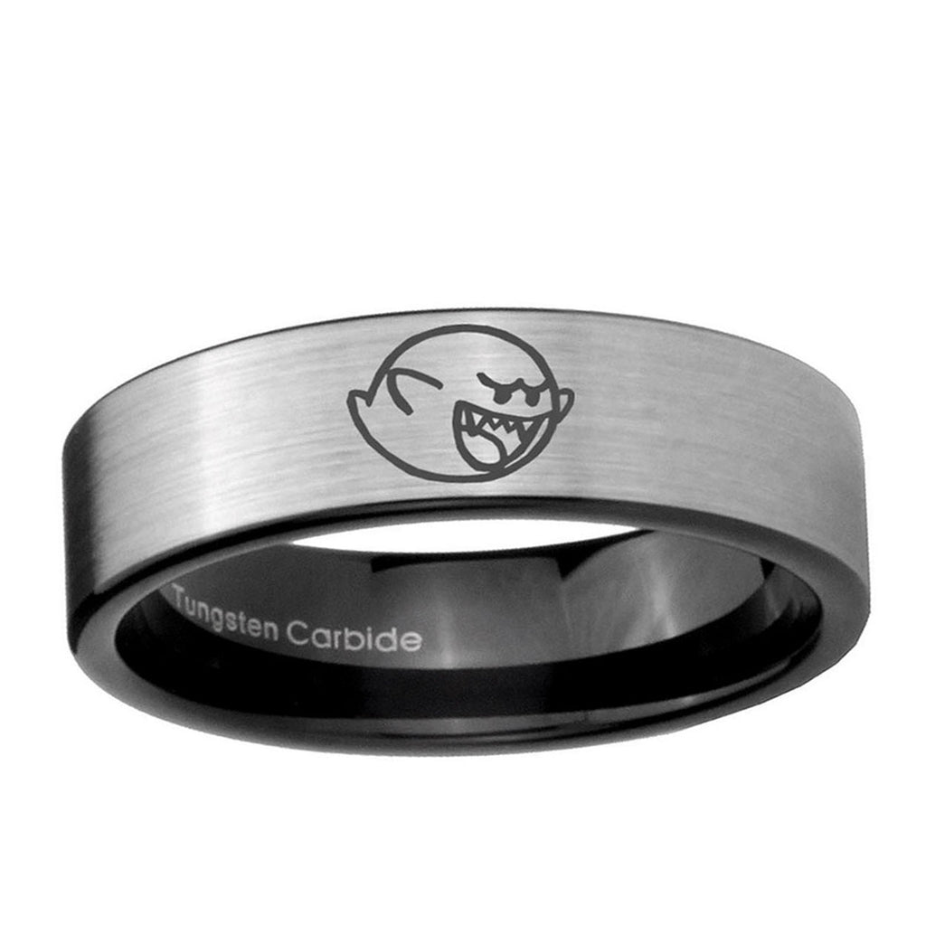 6mm Mario Boo Ghost Pipe Cut Brushed Silver Tungsten Ring