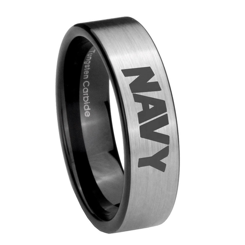 8mm Navy Pipe Cut Brushed Silver Tungsten Ring for Men