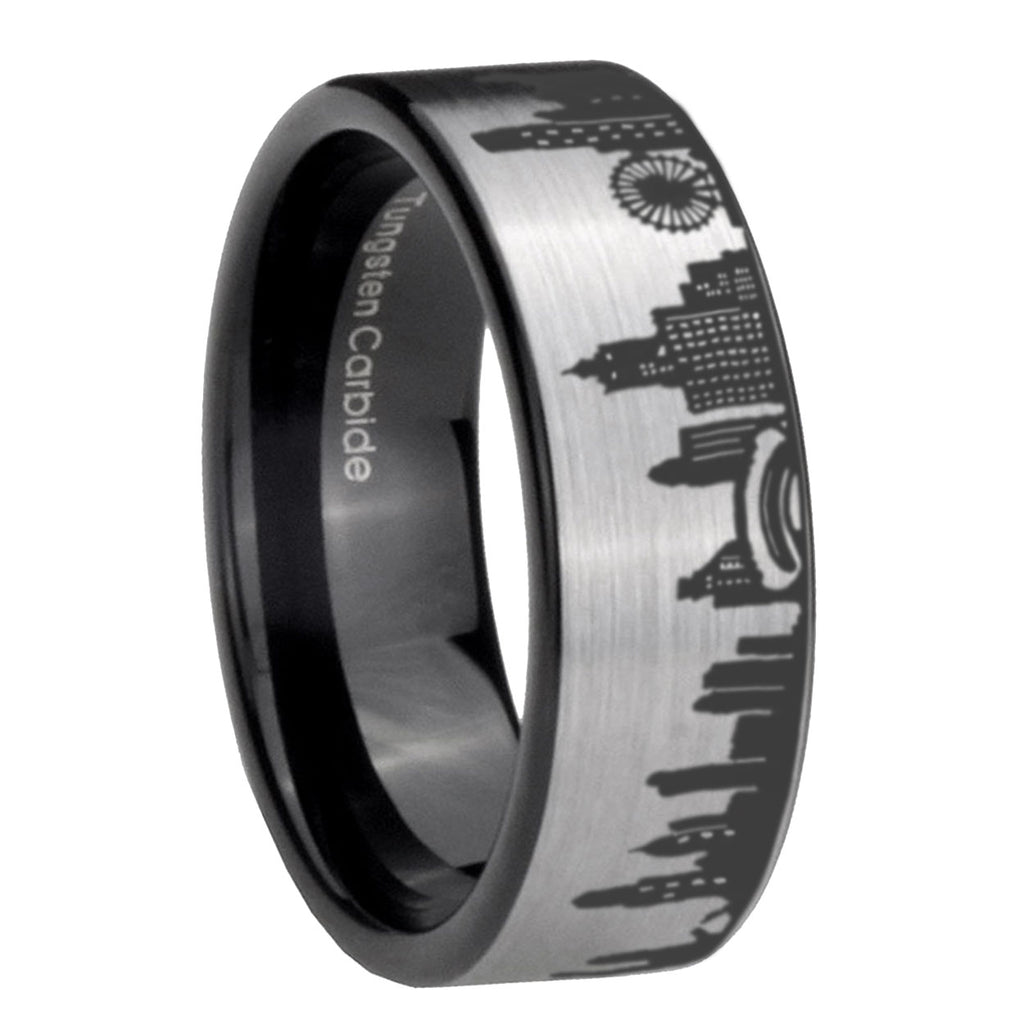 Chicago City Pipe Cut Gray Tungsten Black Wedding Ring