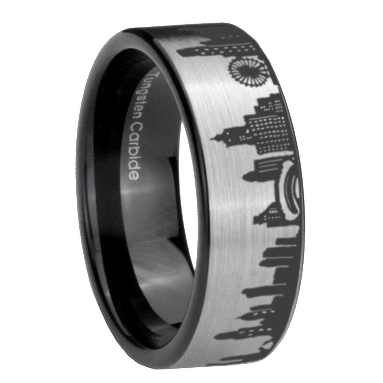 Chicago City Pipe Cut Gray Tungsten Black Wedding Ring