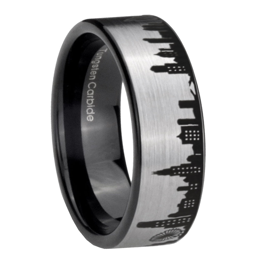 8MM Chicago City Pipe Cut Gray Tungsten Black Wedding Ring