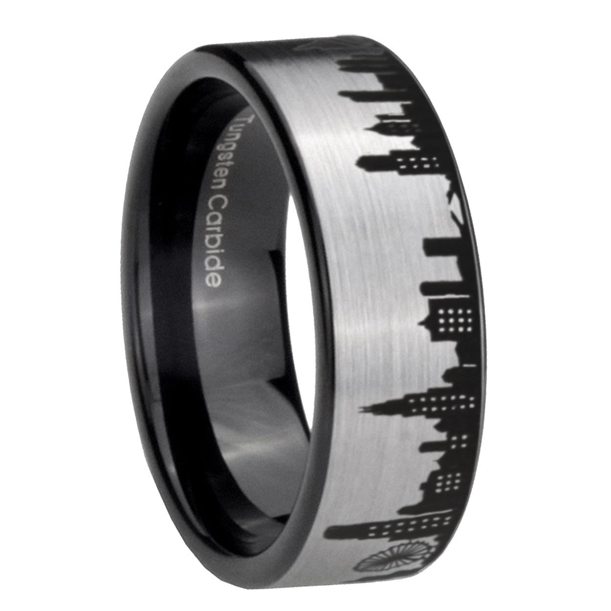 8MM Chicago City Pipe Cut Gray Tungsten Black Wedding Ring