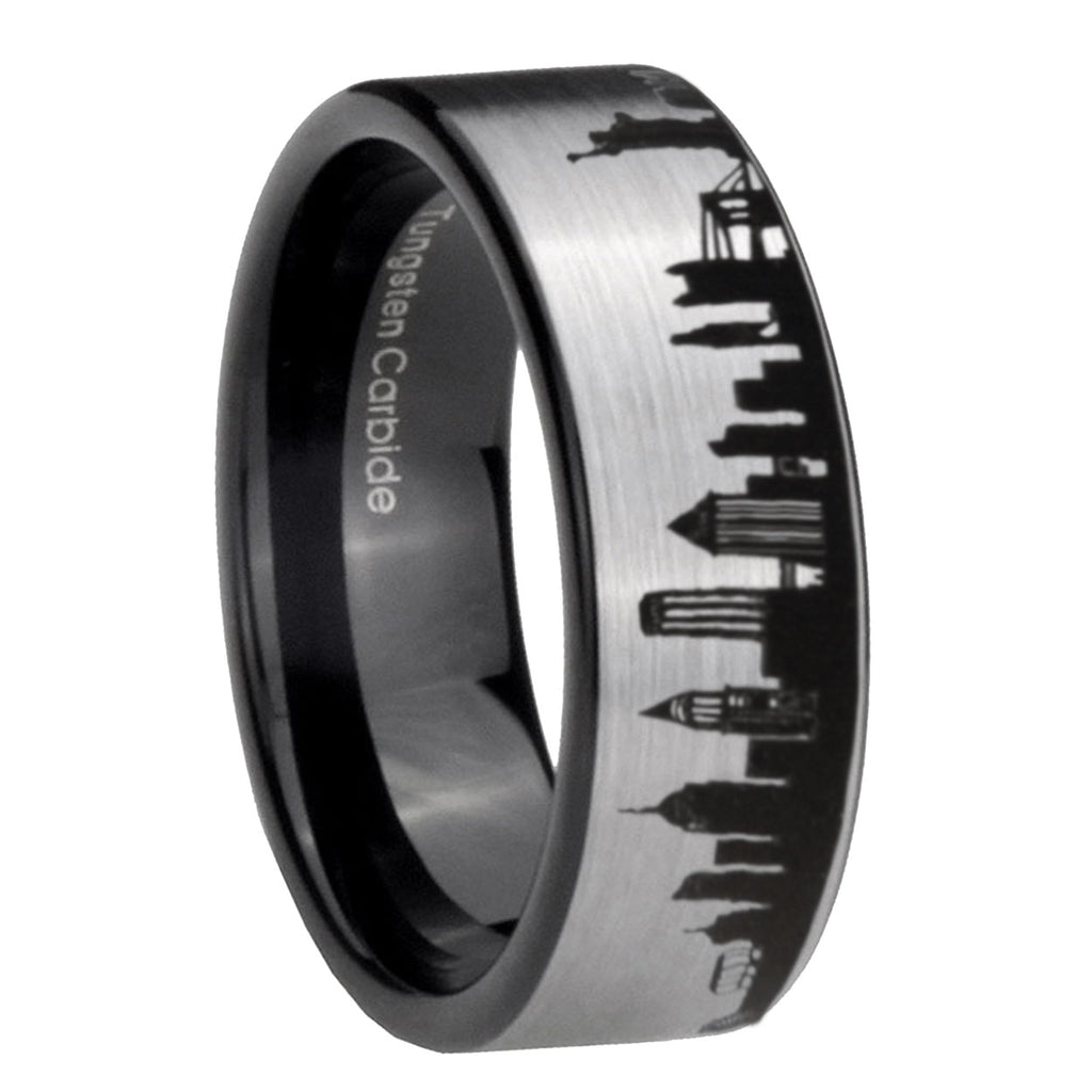 NY New York City Pipe Cut Gray Tungsten Black Wedding Ring