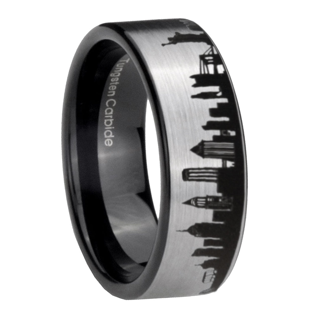 NY New York City Pipe Cut Gray Tungsten Black Wedding Ring