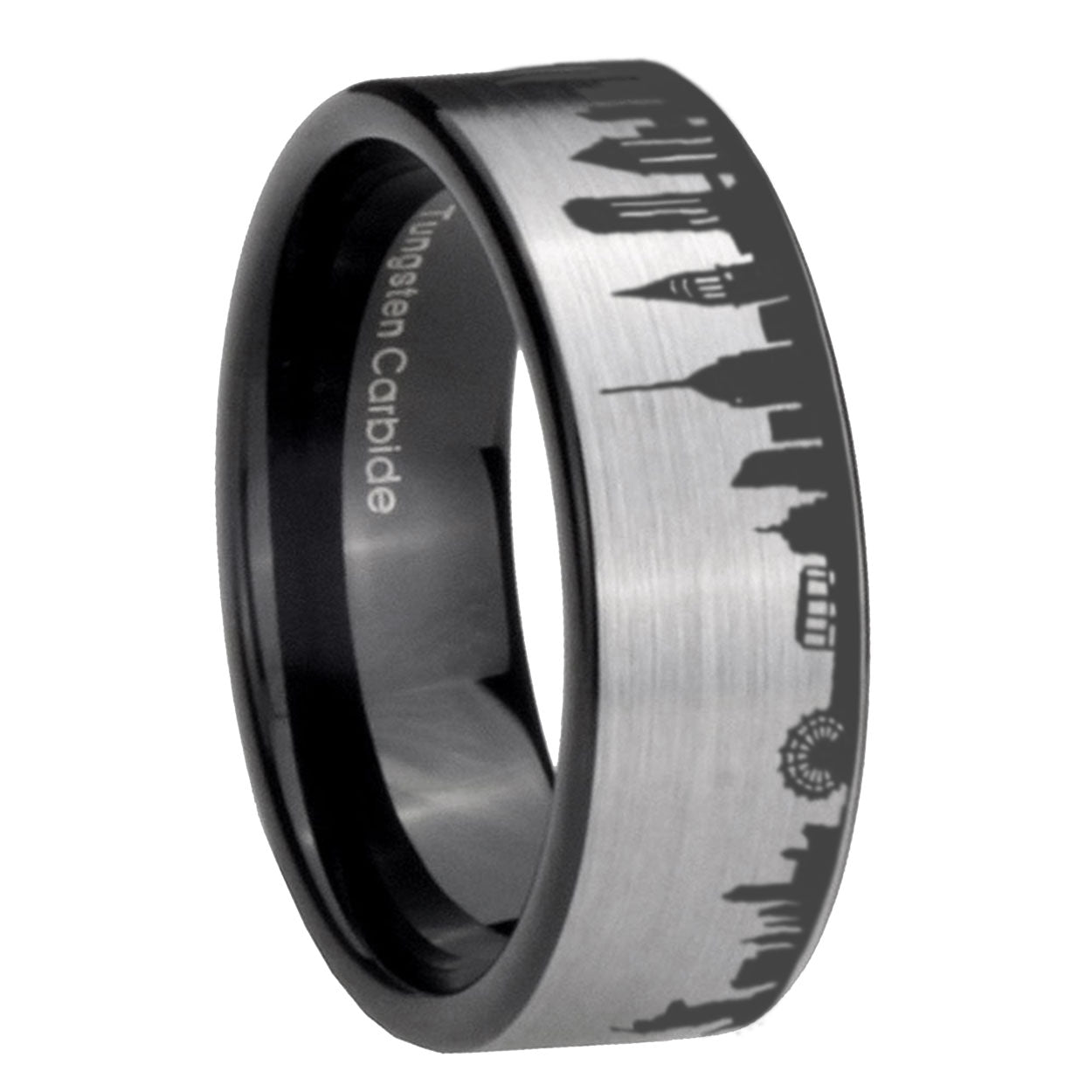 8MM NY New York City Pipe Cut Gray Tungsten Black Wedding Ring