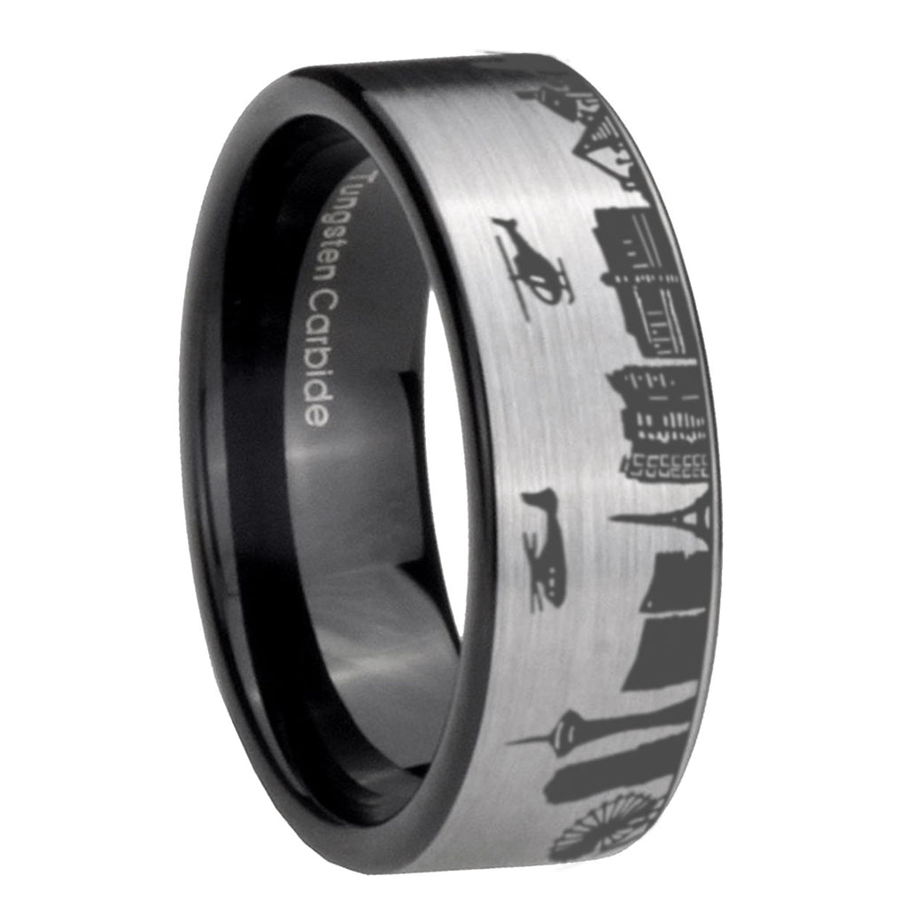 8MM LA Las Vegas City Pipe Cut Gray Tungsten Black Ring