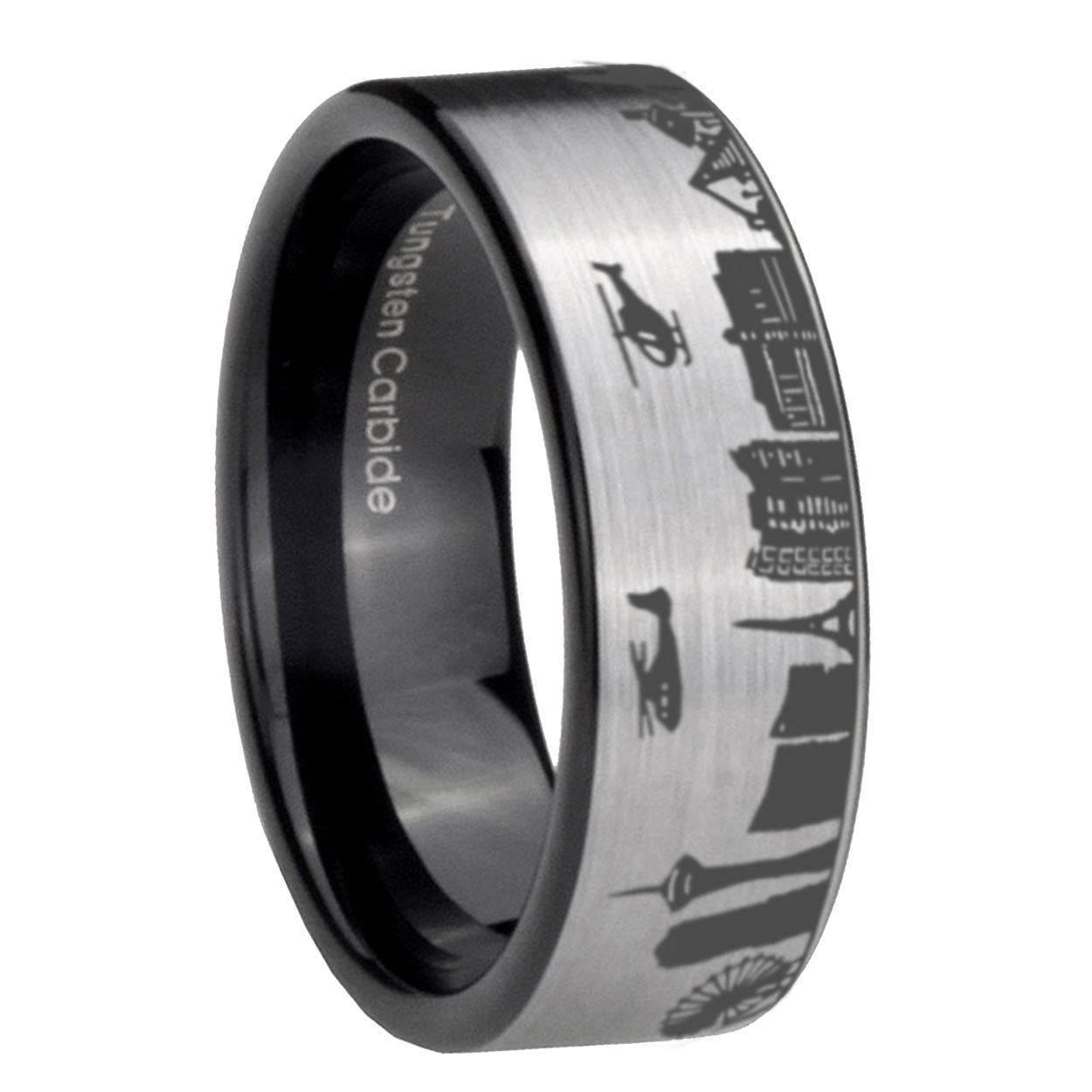 8MM LA Las Vegas City Pipe Cut Gray Tungsten Black Ring