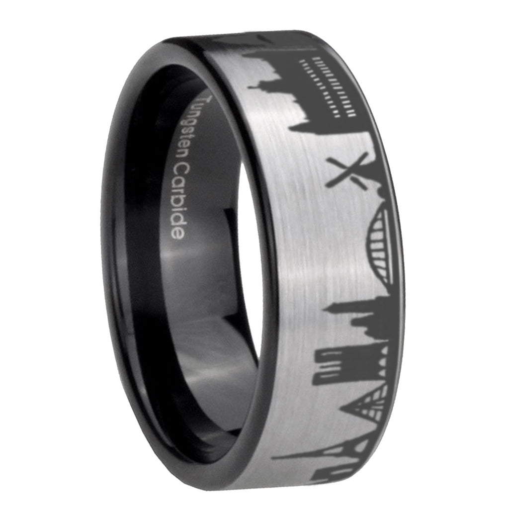 France Paris City Pipe Cut Gray Tungsten Black Ring