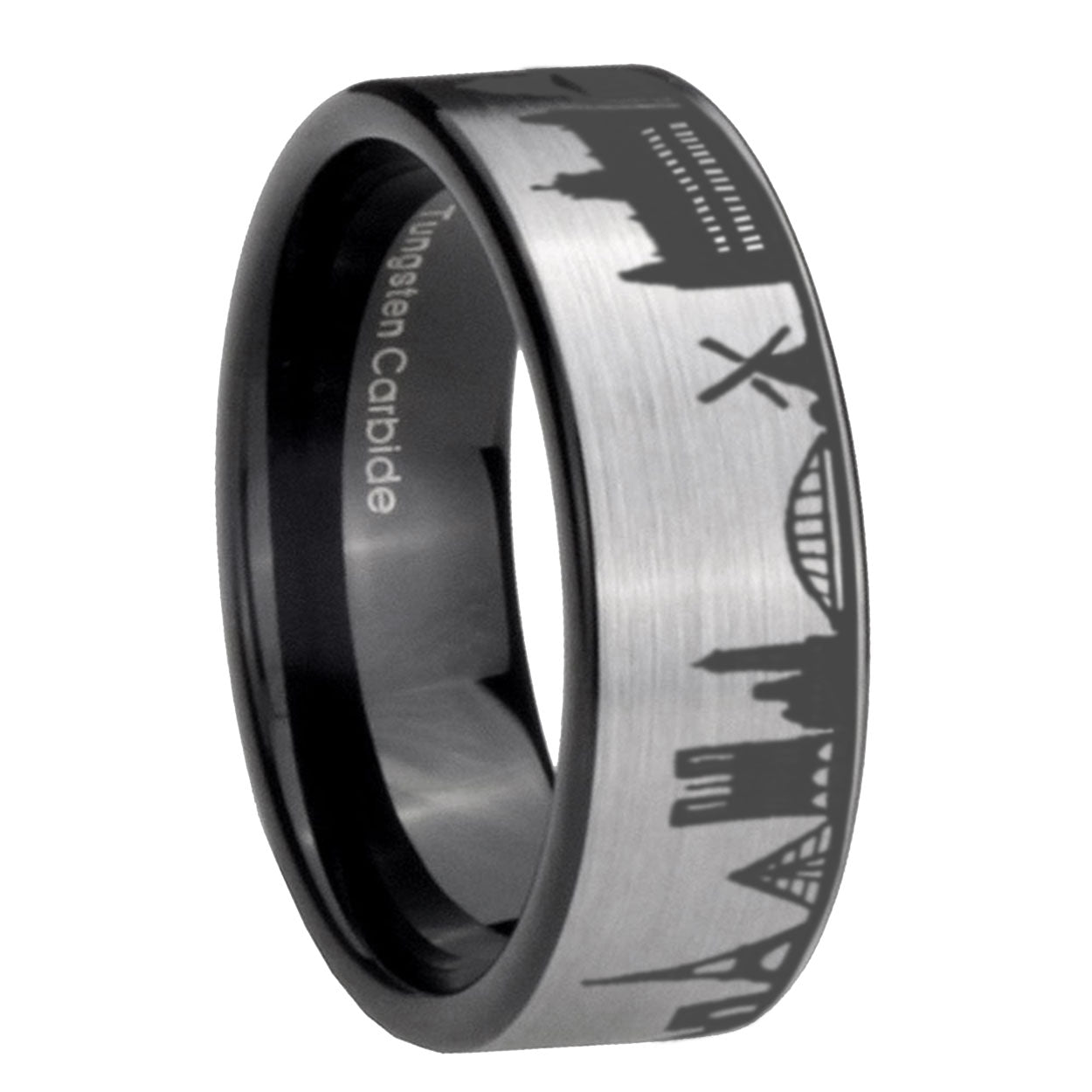 France Paris City Pipe Cut Gray Tungsten Black Ring