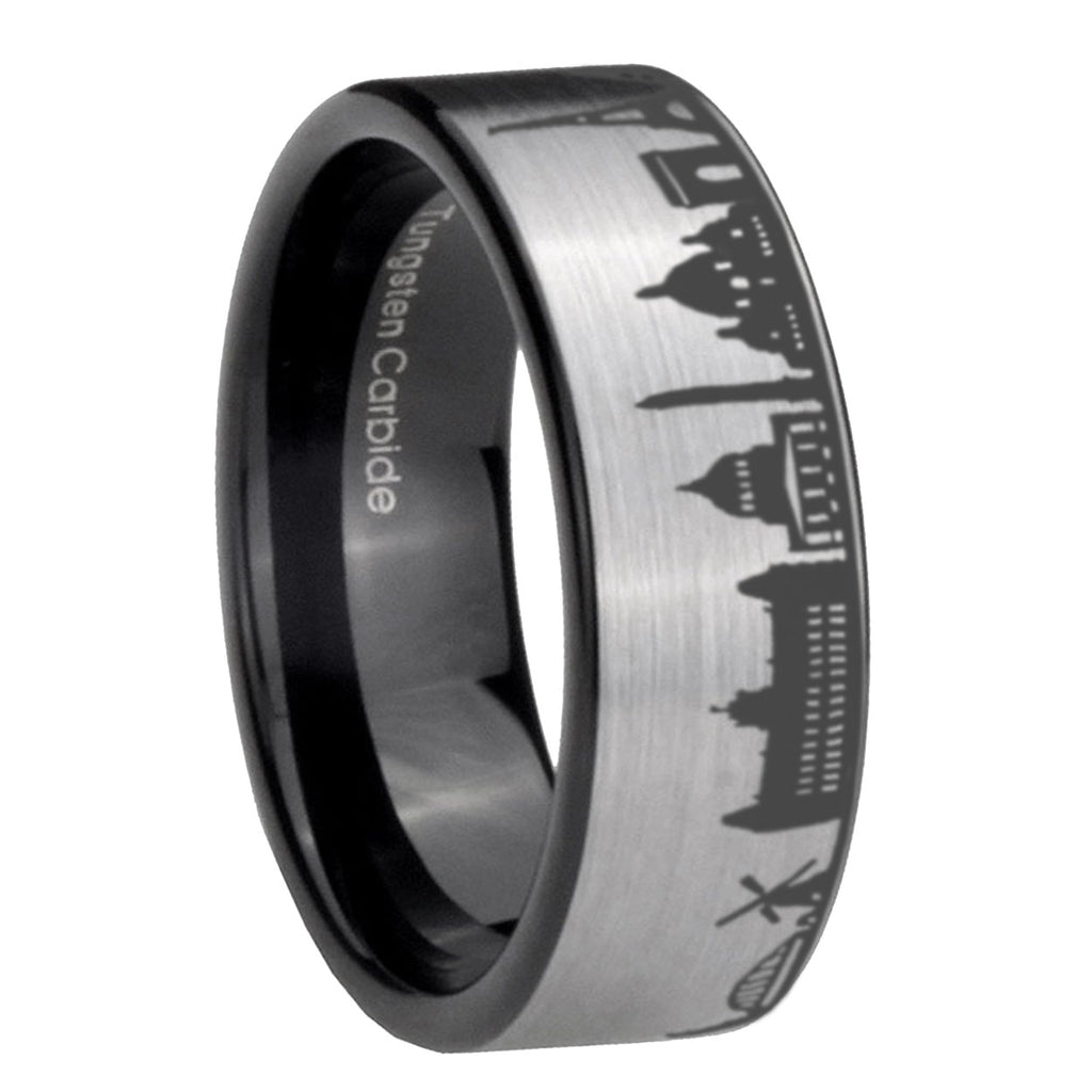 8MM France Paris City Pipe Cut Gray Tungsten Black Ring