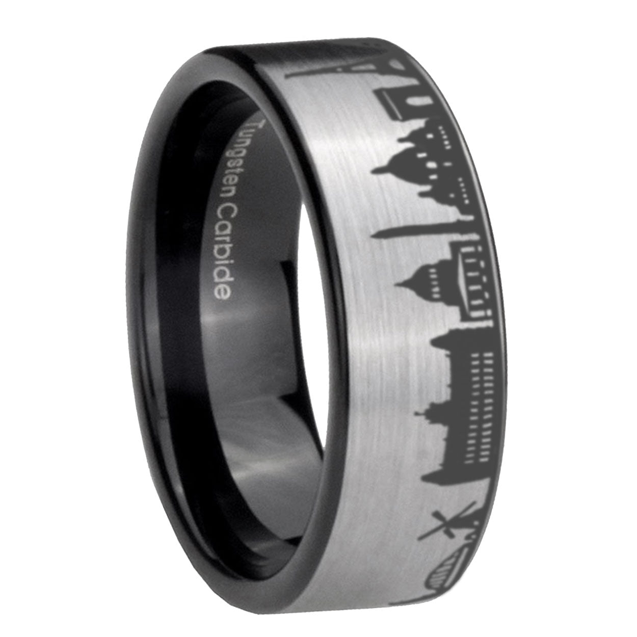 8MM France Paris City Pipe Cut Gray Tungsten Black Ring