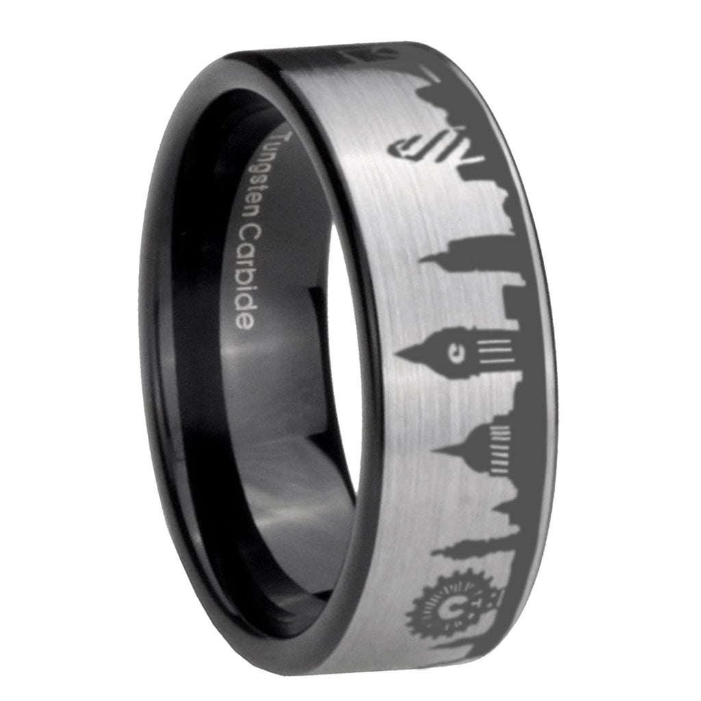 UK London City Pipe Cut Gray Tungsten Black Wedding Ring