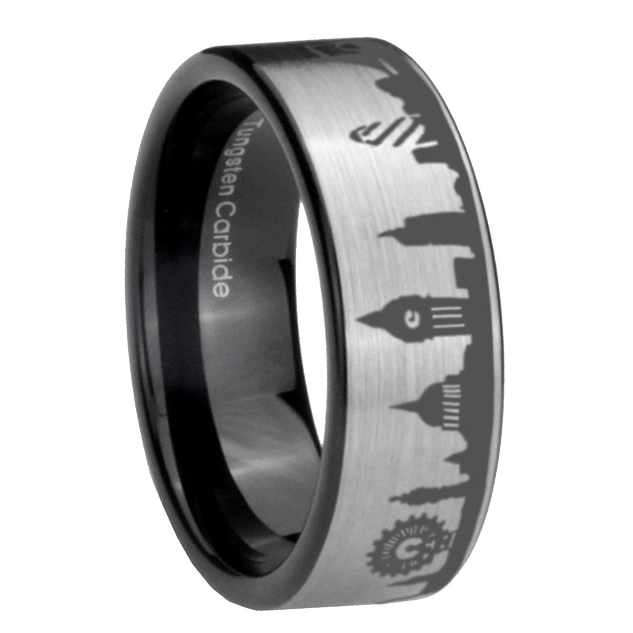 UK London City Pipe Cut Gray Tungsten Black Wedding Ring