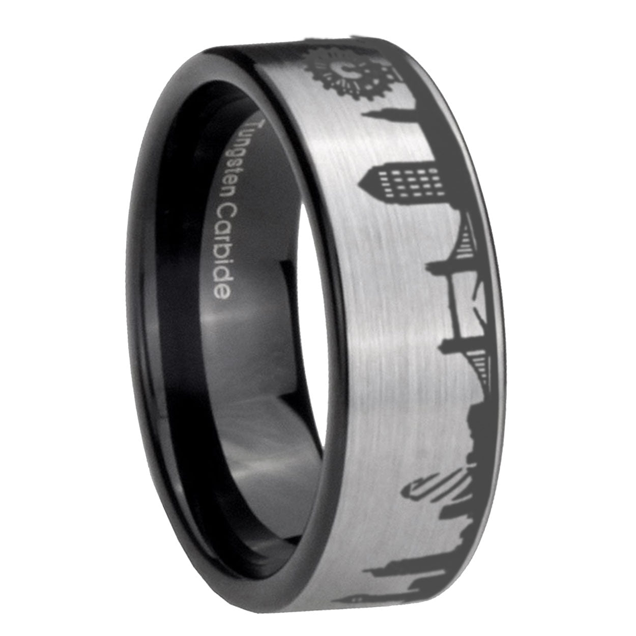 8MM UK London City Pipe Cut Gray Tungsten Black Wedding Ring